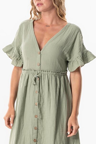 Eliş Şile Bezi Short Sleeve Gathered Afra Midi Summer Dress Olive Green