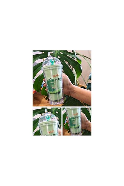 Lexi Bella Cute Dino Themed Water Bottle with Character Figure and Straw Double Layer 450ml Water Bottle with Straw Green 2769