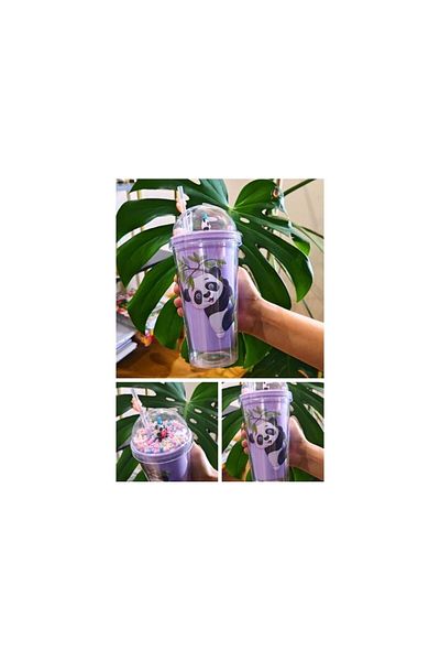 Lexi Bella Cute Panda Themed 450 ml Water Bottle with Straw Purple 2770
