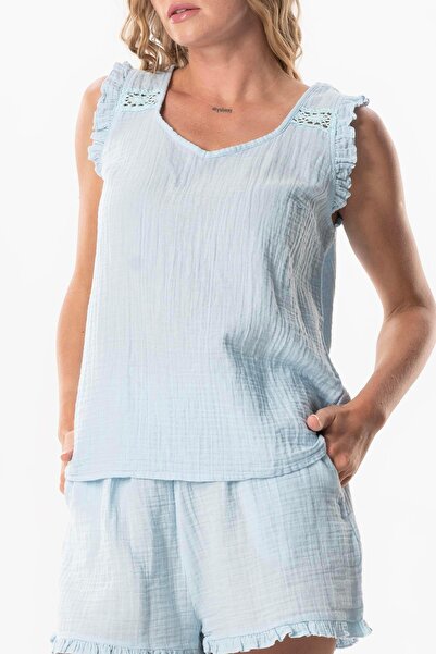 Eliş Şile Bezi Μπλούζα με Οβάλ Γιακά με Αμάνικο Λεπτομέρεια Duru