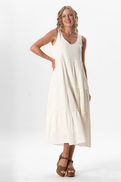 Eliş Şile Bezi Off White Krk Byz - Καλοκαιρινό φόρεμα μουσελίνας με οβάλ γιακά Artemis με αστέρια