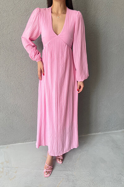 Seda Yalçın Atelier Pink Seersucker V-Neck Long Dress