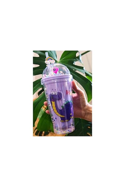 Lexi Bella Cute Dino Themed 450 ml Water Bottle Double Layer Straw Flask
