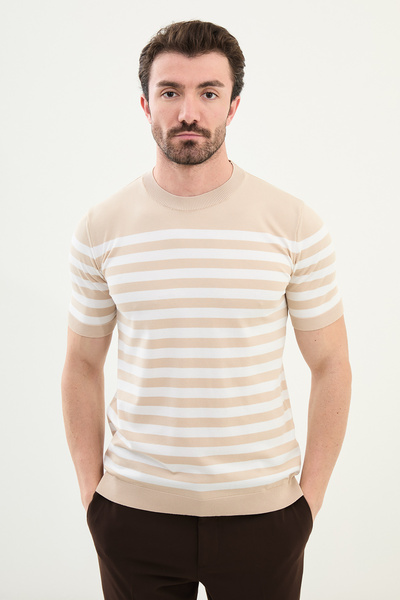 Mcr Смугаста футболка Slim Fit з велосипедним коміром для чоловіків, бежева -...