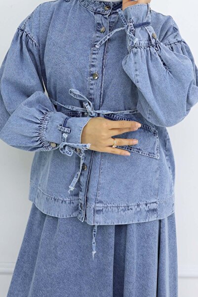 benguen Blue Lace-Up Denim Skirt Suit 6090