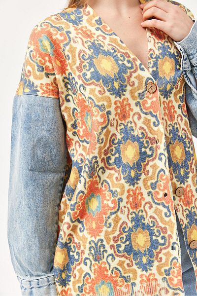 CALİENTE Sleeve Denim Detailed Patterned Long Knitwear Cardigan Yellow