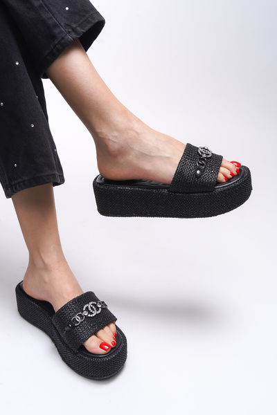 Riccon Γυναικείες μαύρες ψάθινες παντόφλες Esarthol 0012360