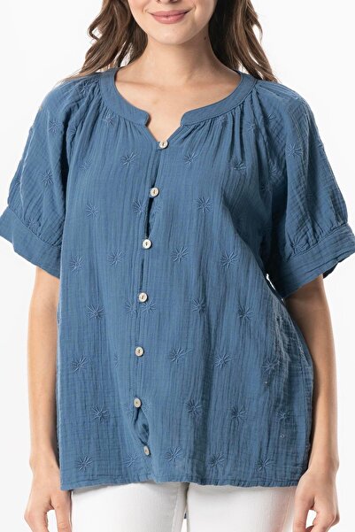 Eliş Şile Bezi Short Sleeve V-Neck Venus Buttoned Muslin Summer Blouse Indigo Indg
