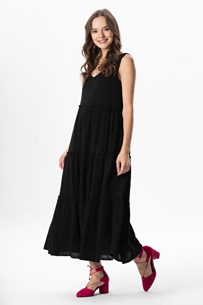 Eliş Şile Bezi Sleeveless Midi Dress Artemis Oval Collar Star Printed Black