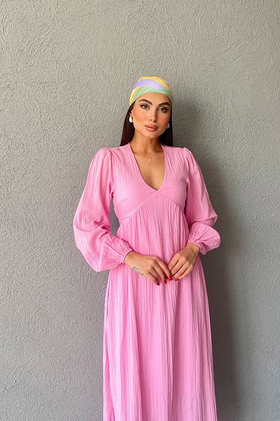 Seda Yalçın Atelier Pink Seersucker V-Neck Long Dress