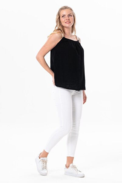 Eliş Şile Bezi Strappy Alaçatı Summer Muslin Blouse Black Black