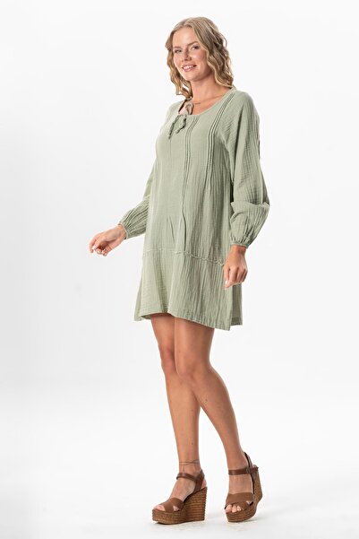 Eliş Şile Bezi Long Sleeve Celestial Binding Short Short Dress Olive Green