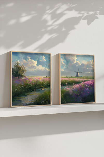 STARYUNA Επιτραπέζιο σε κορνίζα, 2 τμχ ελαιογραφία εφέ τοπίο ξύλινο σετ καρέ ...