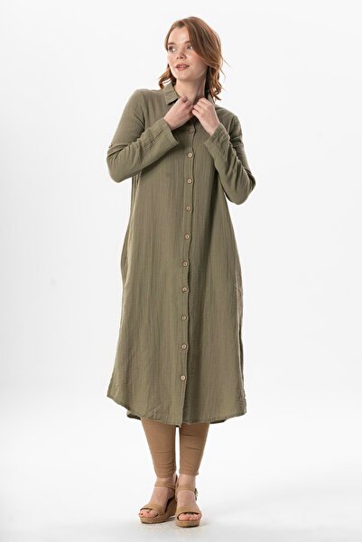 Eliş Şile Bezi Long Sleeve Shirt - Collar Hafsa Muslin Summer Tunic Khaki Hk