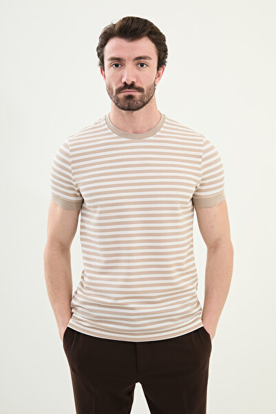 Mcr Смугаста футболка Slim Fit з велосипедним коміром для чоловіків, бежева -...