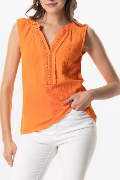 Eliş Şile Bezi V-Neck Berrin Guipure Detailed Muslim Summer Blouse Orange