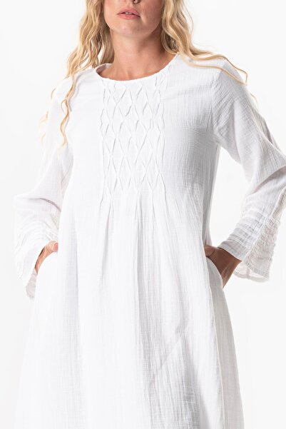 Eliş Şile Bezi Λευκό καλοκαιρινό φόρεμα με μακρύ μανίκι Şahika Nervür