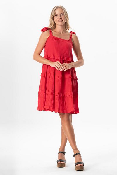 Eliş Şile Bezi Κοντό καλοκαιρινό φόρεμα με λουράκι Voile Dubai Square Collar Coral Mrcn
