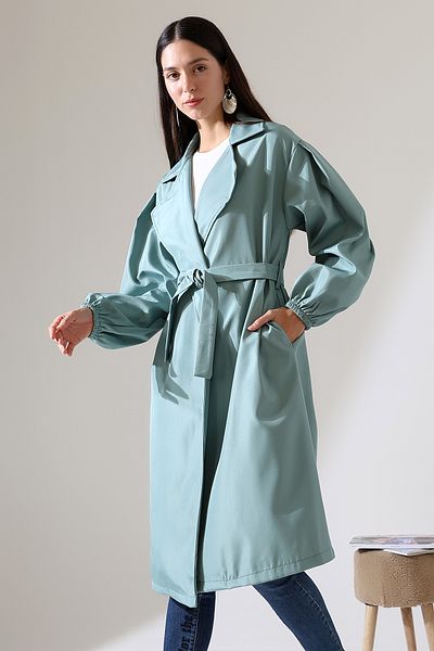 ensade Balloon Sleeve and Belted Bondik Fabric Trench Coat