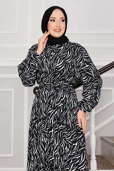 EBRUTESETTÜR Broken Glass Pattern Belted Wrapped Hijab Dress