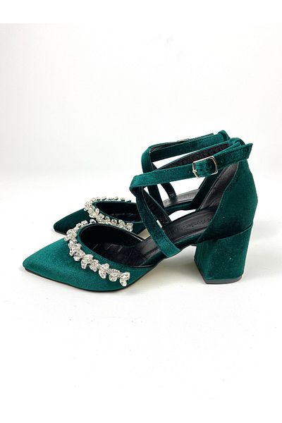 Gloriys Ayakkabı & Çanta Emerald Green Velvet Stone 6 cm High Thick Heel Shoes 1400