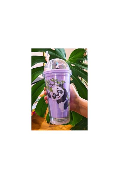 Lexi Bella Cute Panda Themed 450 ml Water Bottle with Straw Purple 2770