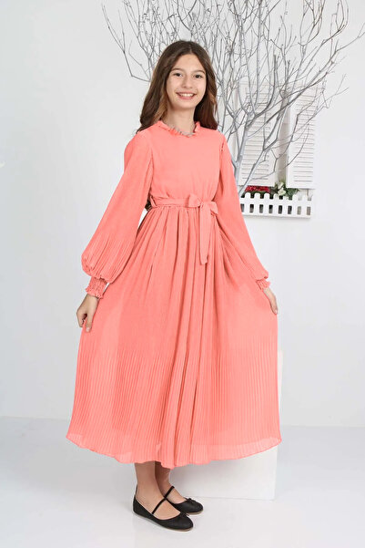 Jannock Genç Kız Uzun Boydan Pliseli Şifon Tesettür Elbise