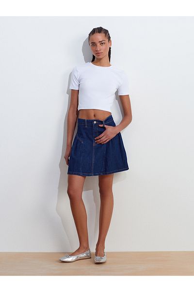 Dilvin 80576 Fusta mini din denim cu despicare laterală albastră