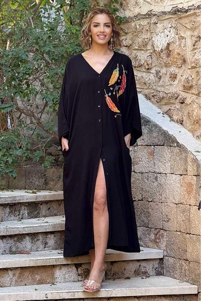 Nevin Kaya Moda Rochie cămașă neagră cu 3 pene brodate pe două fețe, de mărime mare, folosibilă - 100% bumbac viscoză