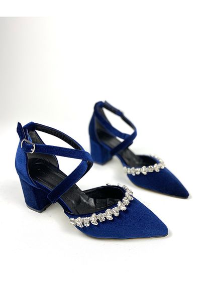 Gloriys Ayakkabı & Çanta Pantofi cu toc gros de 6 cm din catifea albastru noapte 1400