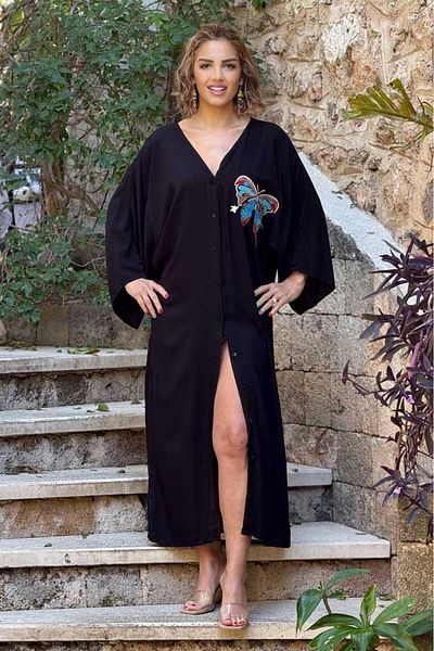 Nevin Kaya Moda Φόρεμα πουκάμισο με κέντημα μαύρης πεταλούδας διπλής όψης - 100% βαμβακερή βισκόζη