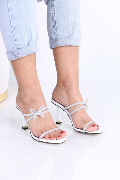 sefayol Brendon White Butterfly Stone Patent Leather Heeled Women's Slippers