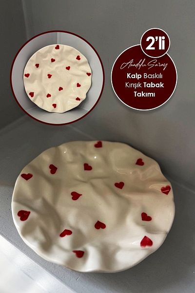Anadolu Saray 2 Pcs Ceramic Heart Detailed Crinkle Design Handmade Pastry Food Presentation Plate Dessert Breakfast Plate