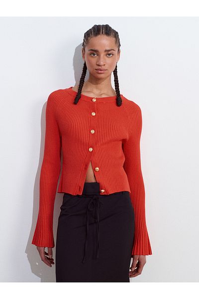 Dilvin 60246 Crew Neck Buttoned Spanish Sleeve Knitwear Cardigan-A.Red