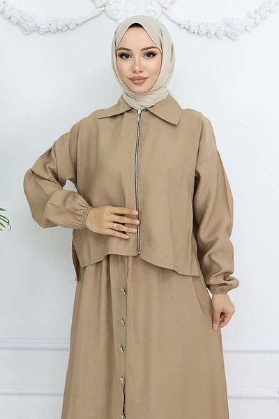 benguen Beige Zipper Jacket Dress Suit 4807