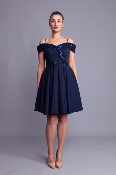 Bidoluelbise Navy Blue Strappy Off-Shoulder Checkered Sequin Detail Mini Length Flared Evening Dress