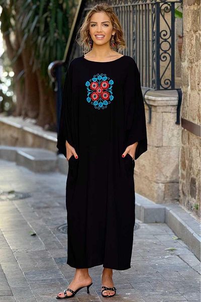 Nevin Kaya Moda Μαύρο βιολετί κεντημένο φόρεμα πουκάμισο διπλής όψης - 100% βαμβακερή βισκόζη