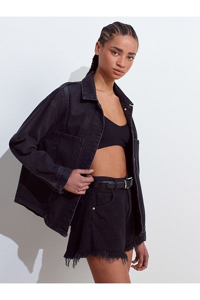 Dilvin 50749 Oversize Denim Shirt with Front Stitching-Black