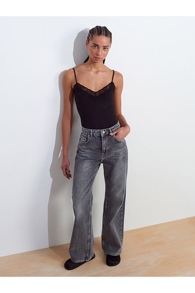 Dilvin 71792 Snow Wash Wideleg Denim Trousers-Anthracite