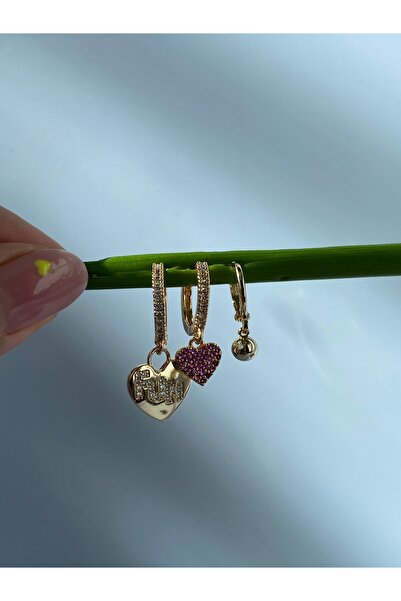 kurukafagift Kalp  Zirkon Taşlı 3'lü Küpe Set