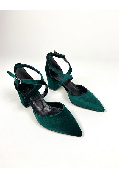 Gloriys Ayakkabı & Çanta Emerald Green Velvet 6 cm High Thick Heel Shoes 01401