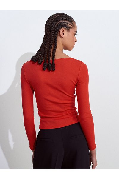 Dilvin 31401 Gathered Boat Neck Top-Red