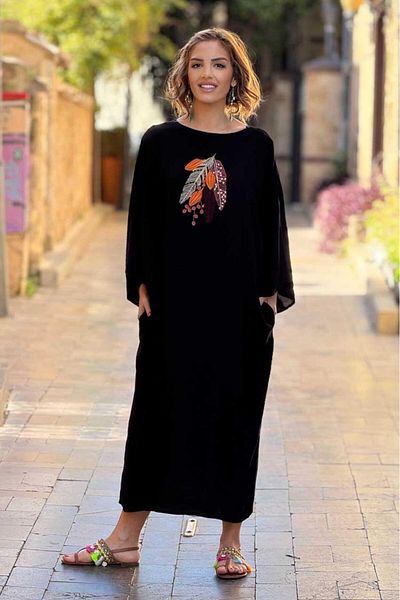 Nevin Kaya Moda Rochie cămașă neagră cu o singură pene brodate pe două fețe, de mărime mare, folosibilă - 100% bumbac viscoză