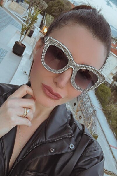 Melissa Boutique Women's Silver Imported Stone Coated Cat Eye Model Thick Bone Frame Sunglasses