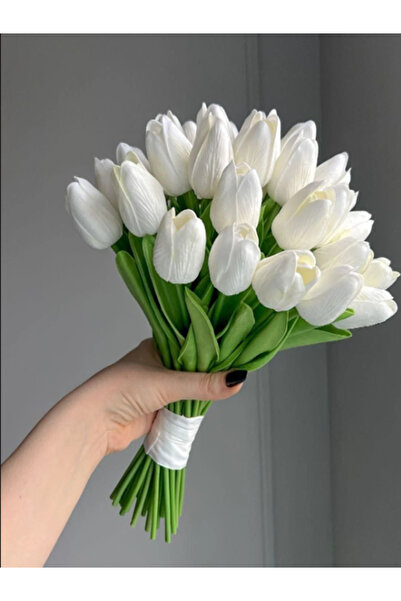 Artificial 20pcs Wet Tulip Bouquet Real Texture Broken White