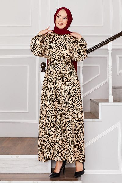 EBRUTESETTÜR Broken Glass Pattern Belted Wrapped Hijab Dress