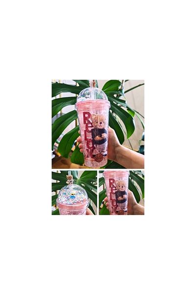 Lexi Bella Cute Teddy Bear Themed Water Bottle with Character Figure and Straw Double Layer 450ml Water Bottle with Straw Mica Pink 2726