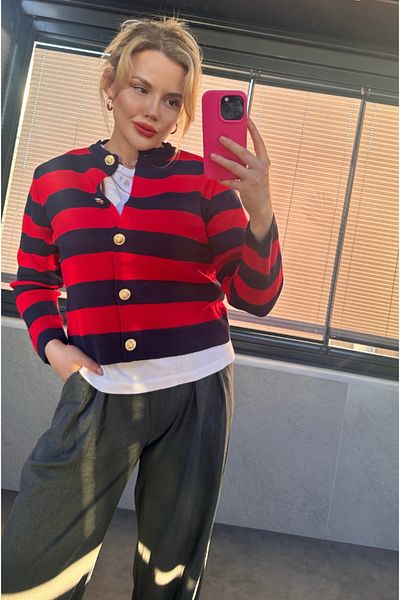 MİR STORE Red Cardigan with Gold Buttons and Stripe Detail