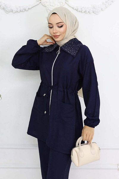 benguen Stone Detailed Hijab Suit Navy Blue 4727