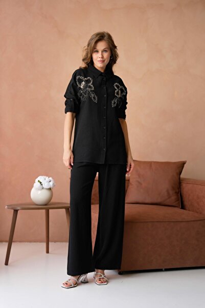 BURRASCA طقم كتان مطرز بالخرز